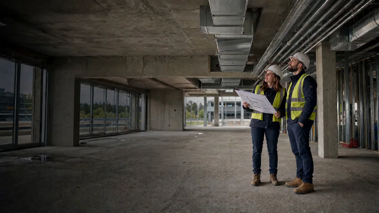 Commercial building with rectangular ductwork and parallel pipework